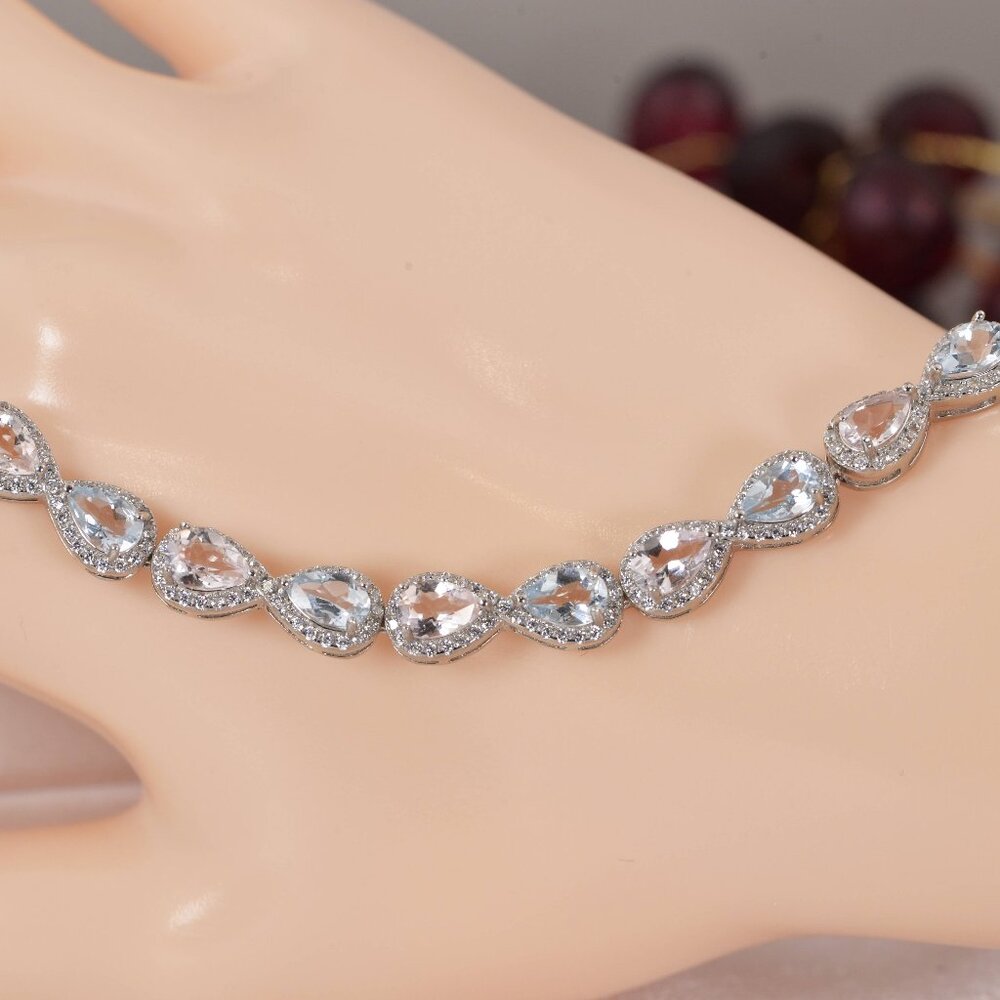 Natural Morganite and Aquamarine Halo Pear Tennis Bracelet 925 7"